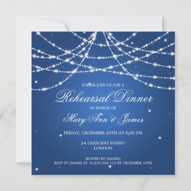 Invitación Elegante ensayo Cena Sparkling String Azul (Anverso)