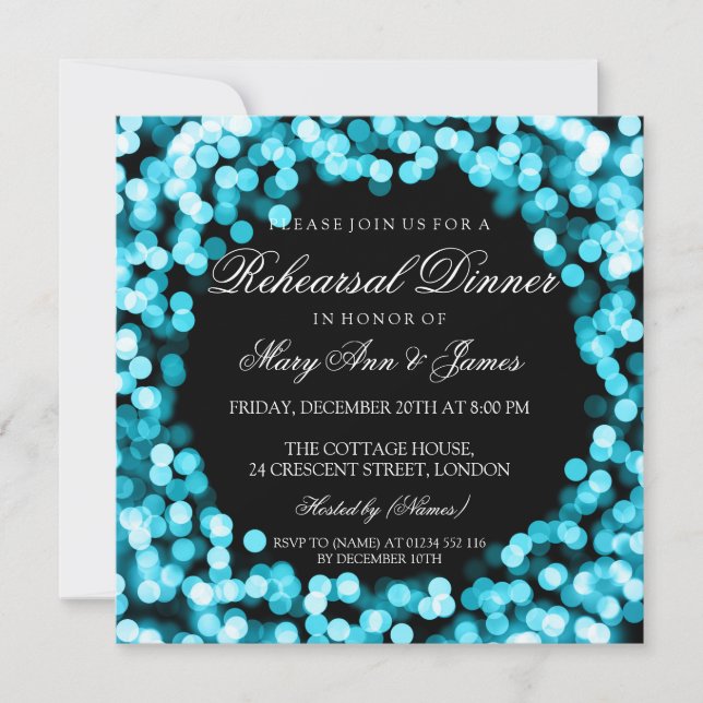 Invitación Elegante ensayo Cena Turquesa Luces Sparkly (Anverso)