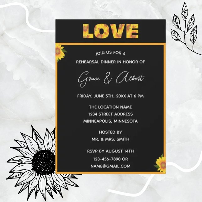 Invitación Elegante ensayo de amor a fondo negro de girasol (Subido por el creador)