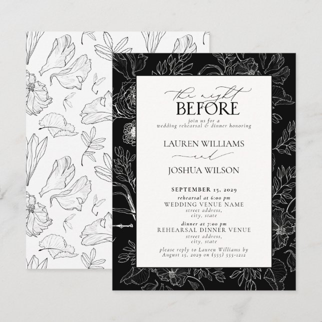 Invitación Elegante ensayo de Boda floral blanco negro (Anverso / Reverso)