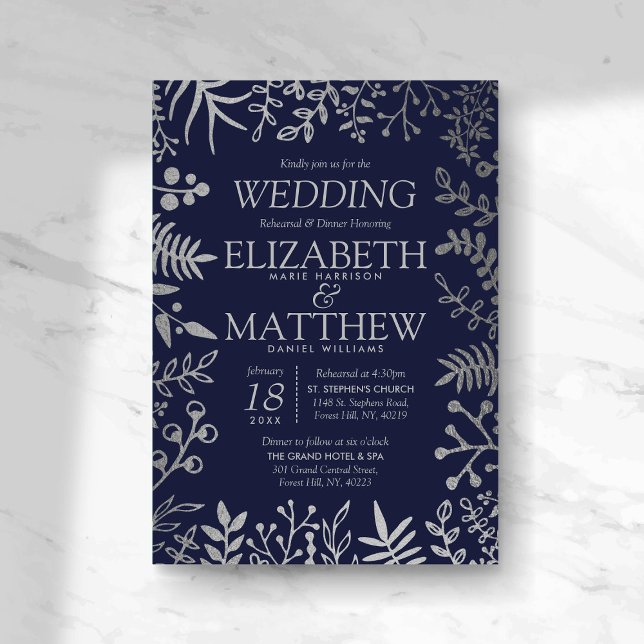 Invitación Elegante ensayo de Boda floral de marina y plata (Subido por el creador)