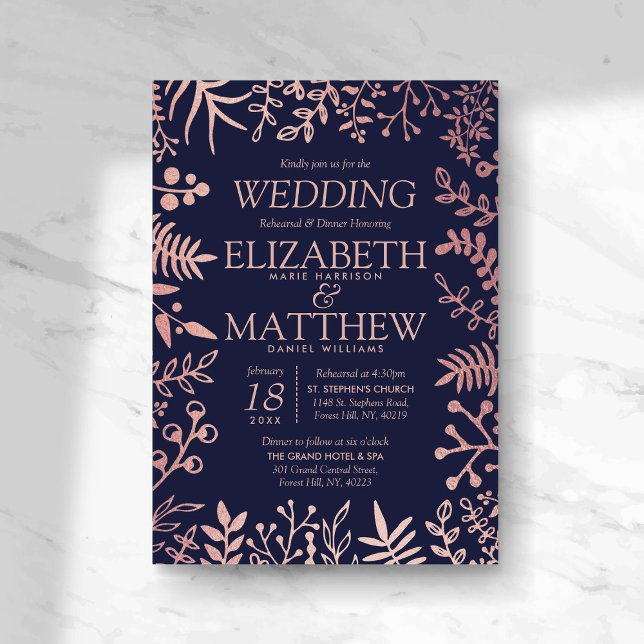 Invitación Elegante ensayo de Boda floral de Rosa y marina (Subido por el creador)