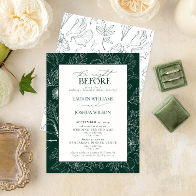 Invitación Elegante ensayo de Boda floral verde esmeralda (Subido por el creador)