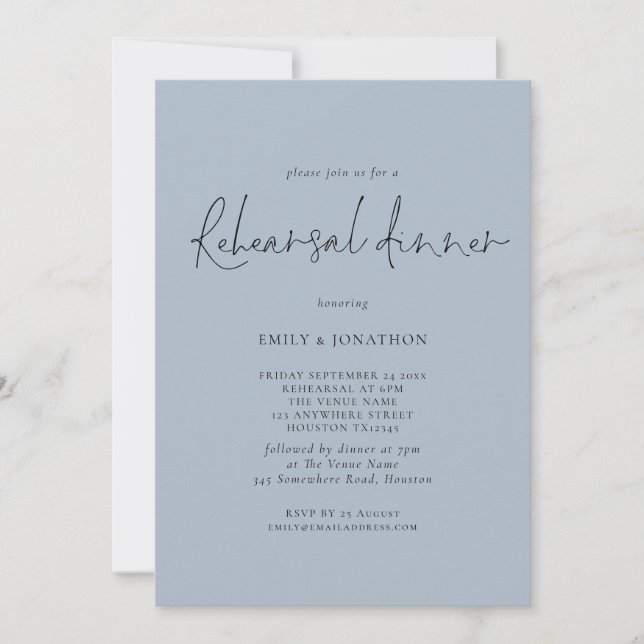 Invitación Elegante ensayo de bodas cena Dusty Blue (Anverso)