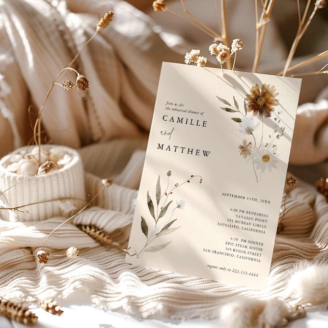 Invitación Elegante ensayo de caída de flores silvestres (Fall Floral Simple Photo Rehearsal Dinner Invitation)