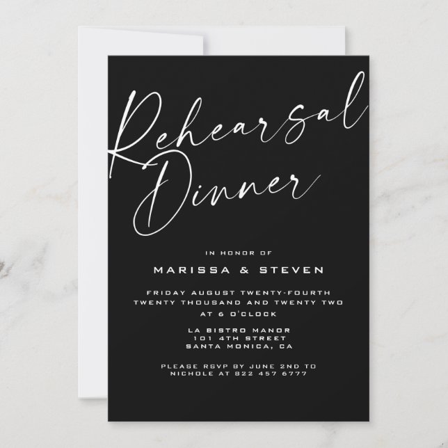 Invitación Elegante ensayo de caligrafía blanca negra (Anverso)