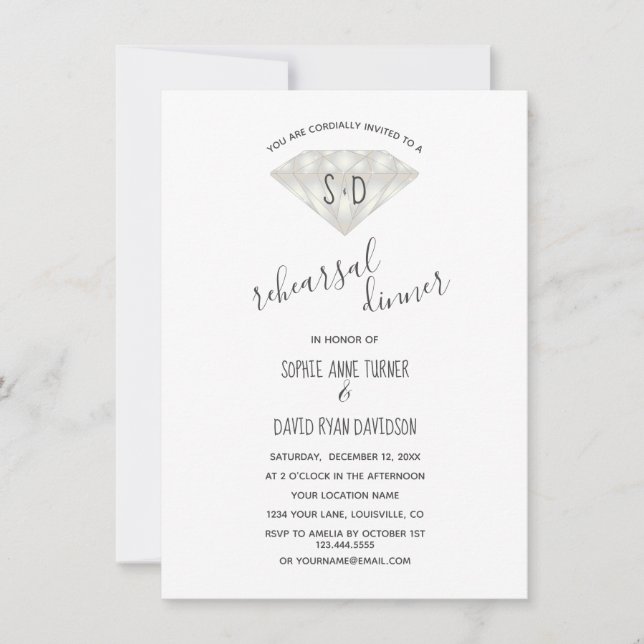 Invitación Elegante ensayo de caligrafía de diamantes Cena (Anverso)