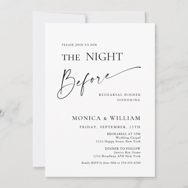 Invitación Elegante ensayo de caligrafía Minimalista Cena (Anverso)