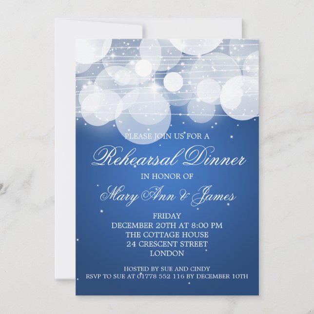 Invitación Elegante ensayo de cena brillante y azul brillante (Anverso)