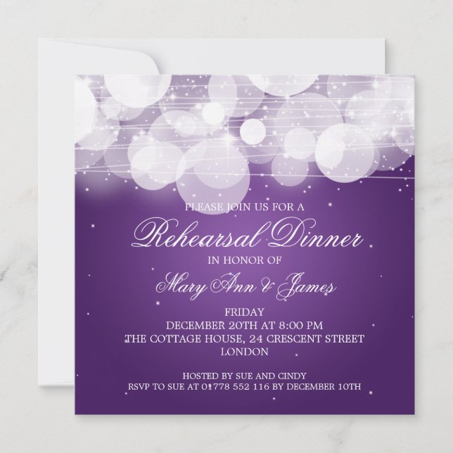 Invitación Elegante ensayo de cena brillo y pulido morado (Anverso)