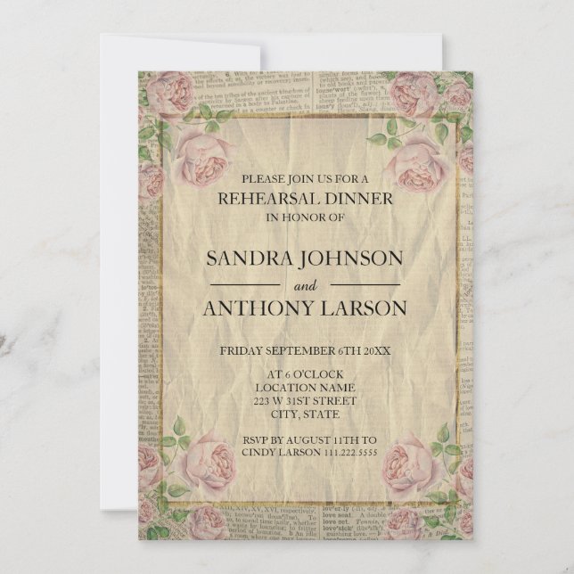 Invitación Elegante ensayo de impresión y Rosas en diccionari (Anverso)