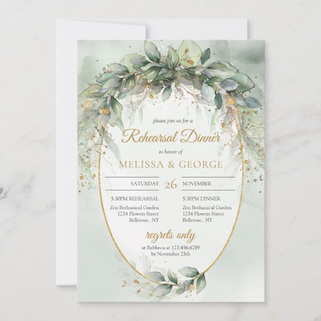 Invitación Elegante ensayo de oro de boho eucalipto verde (Anverso)