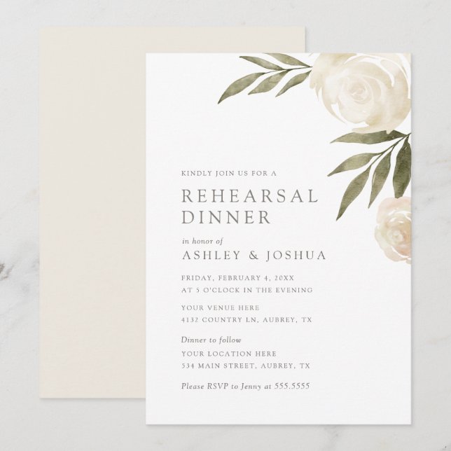 Invitación Elegante Ensayo De Verdor Floral Blanco Cena Inv (Anverso / Reverso)