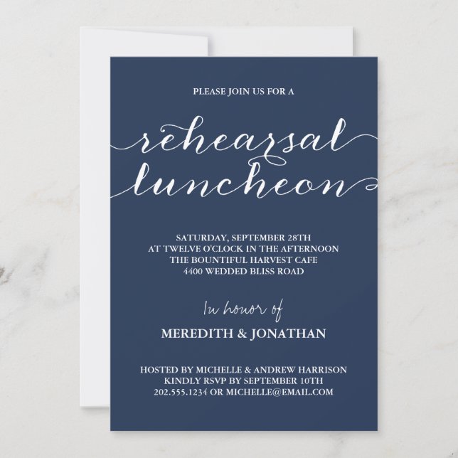 Invitación Elegante ensayo Luncheon, azul marino y blanco (Anverso)