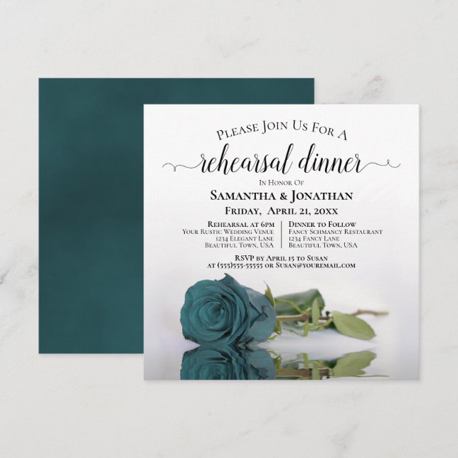 Invitación Elegante ensayo Rosa Boda Verde azulado y cena (Anverso / Reverso)