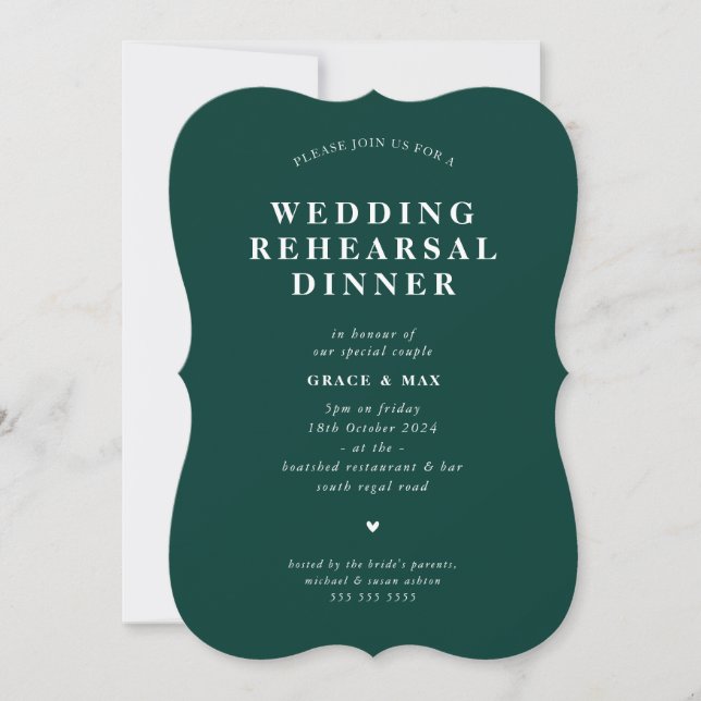 Invitación ELEGANTE ensayo simple y moderno cena verde oscuro (Anverso)