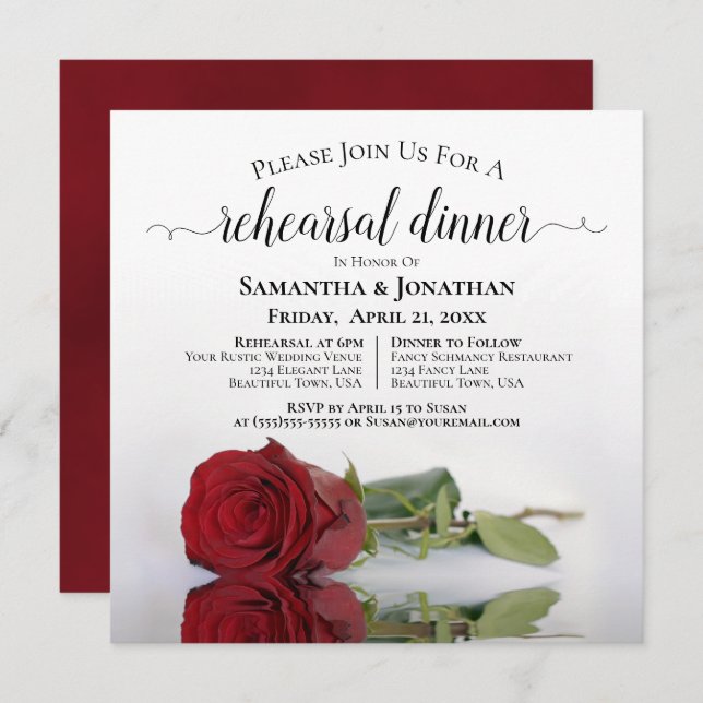 Invitación Elegante ensayo y cena de Boda de Rosa Roja (Anverso / Reverso)