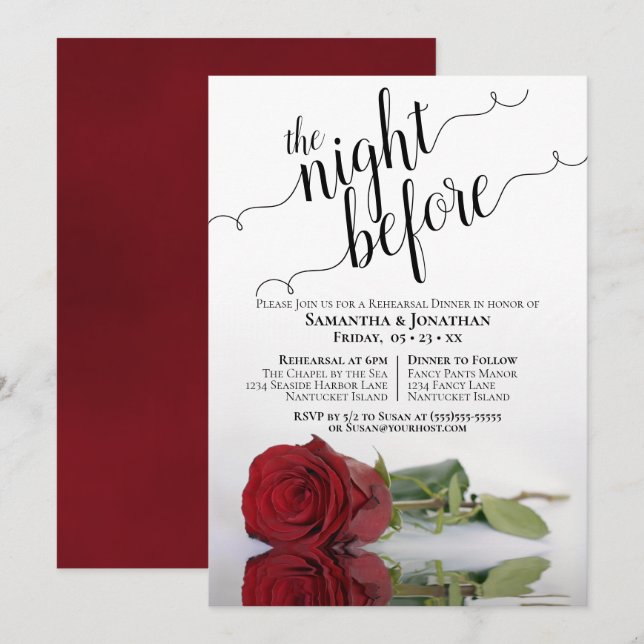 Invitación Elegante ensayo y cena de Boda de Rosa Roja (Anverso / Reverso)