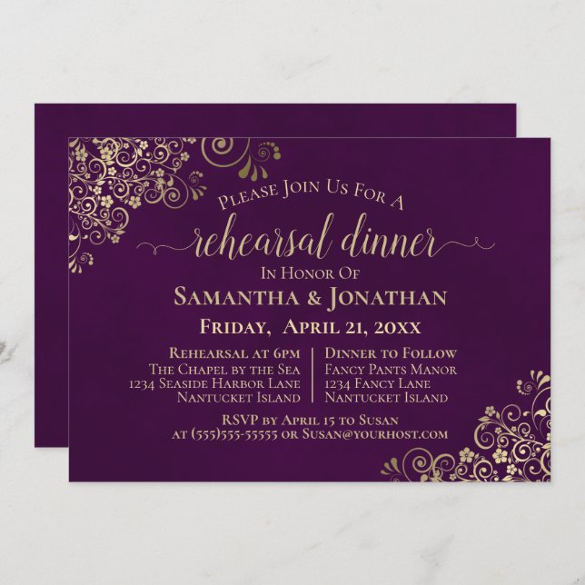Invitación Elegante ensayo y cena de Boda morado y dorado (Anverso / Reverso)