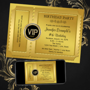 Invitación Elegante entrada VIP dorada para fiesta de cumplea