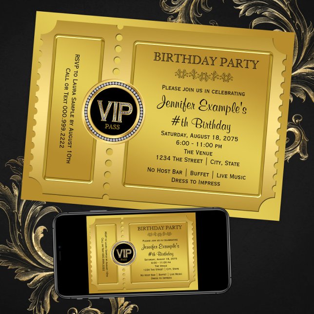 Invitación Elegante entrada VIP dorada para fiesta de cumplea (Any number or event - add your own text. Instant download and printed invitations available. )