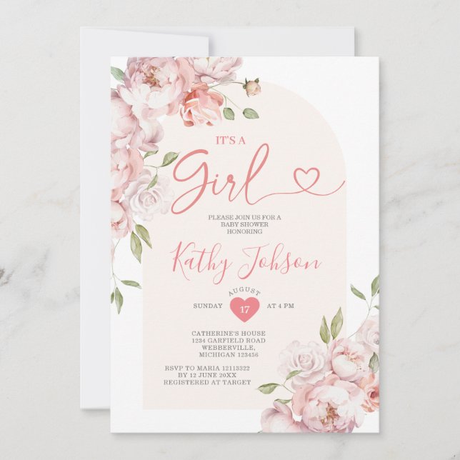 Invitación Elegante Es un Chica Chica de Flores Rosadas Baby  (Anverso)
