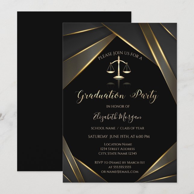 Invitación Elegante Escala de Justicia de Oro Graduación Negr (Anverso / Reverso)