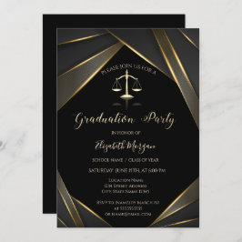 Invitación Elegante Escala de Justicia de Oro Graduación Negr
