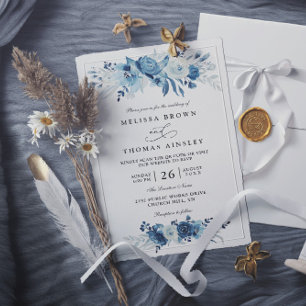 Invitación Elegante escritura azul floral boda código qr mode
