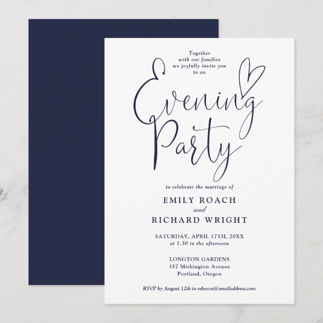 Invitación Elegante escritura azul marino boda noche fiesta (Anverso / Reverso)