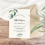 Invitación Elegante escritura blanca de ginkgo verde cumpleañ<br><div class="desc">Delante: un elegante fondo blanco decorado con simples hojas de ginkgo dorado. Personalice y agregue su nombre y detalles del fiesta. Atrás: fondo verde esmeralda.</div>