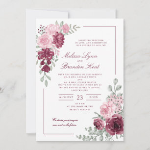 Invitación Elegante escritura boda acuarela floral borgoña