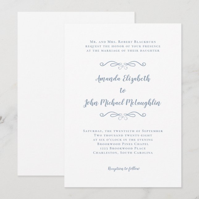 Invitación Elegante Escritura Clásico Formal Boda Azul Polvor (Anverso / Reverso)