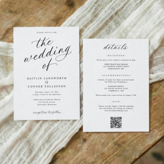 Invitación Elegante escritura de caligrafía todo en uno boda (Modern black and white wedding invitations with elegant calligraphy and classic script)