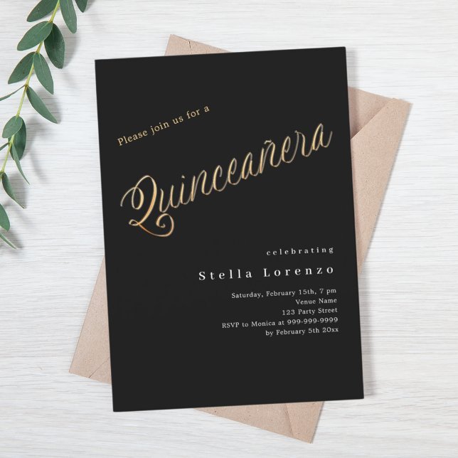 Invitación Elegante escritura de oro negro lujo Quinceanera (Subido por el creador)