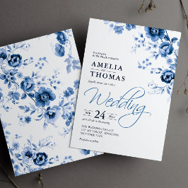 Invitación Elegante Escritura Floral Toile Azul Francés Boda