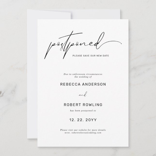 Invitación Elegante escritura moderna Boda fecha de postergac (Anverso)