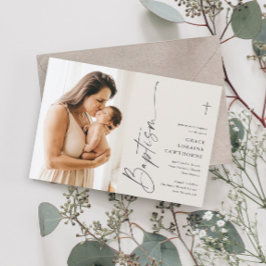 Invitación Elegante escritura moderna Marfil Foto Bautismo