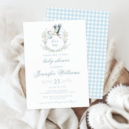 Invitación Elegante Escudo azul con ducha Stork Baby Boy