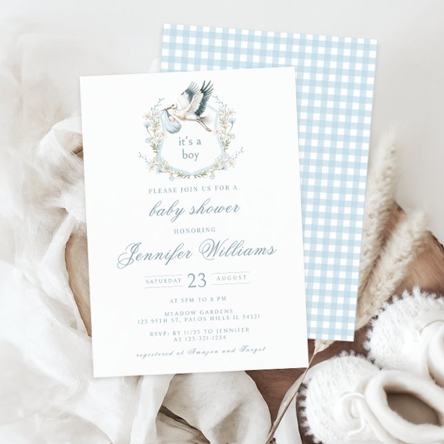 Invitación Elegante Escudo azul con ducha Stork Baby Boy (Subido por el creador)