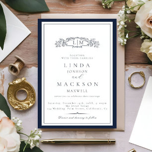 Invitación Elegante Escudo azul de la Marina Monograma Boda