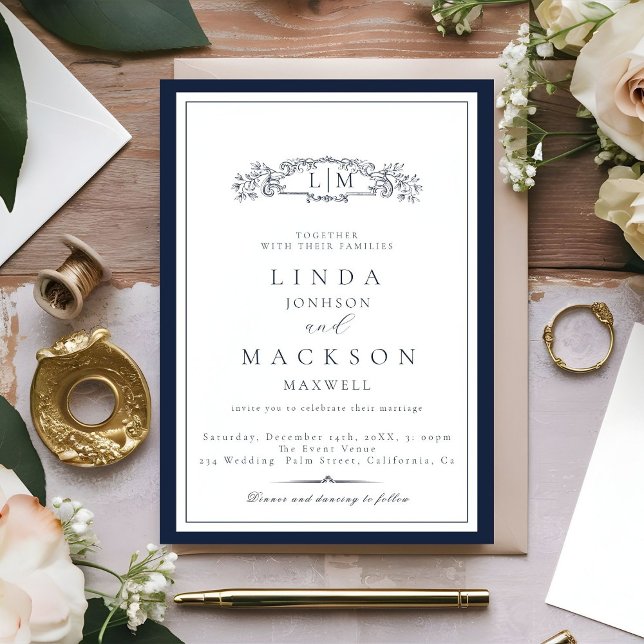 Invitación Elegante Escudo azul de la Marina Monograma Boda (Subido por el creador)