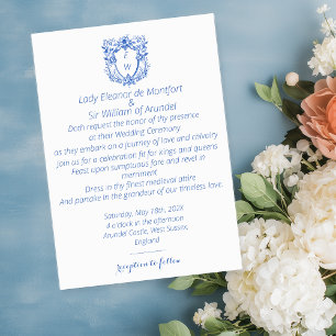 Invitación Elegante Escudo azul  Monograma Boda