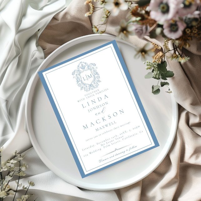Invitación Elegante Escudo azul turbio Monograma Boda Invitat (Subido por el creador)