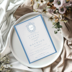 Invitación Elegante Escudo azul turbio Monograma Boda Invitat