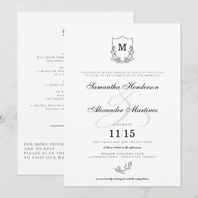 Invitación Elegante Escudo blanco y negro detalles y Boda QR (Anverso / Reverso)