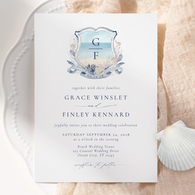 Invitación Elegante Escudo Boda de acuarela de playa Monogram (Subido por el creador)