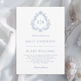Invitación Elegante Escudo Boda de Monograma Azul Dusty