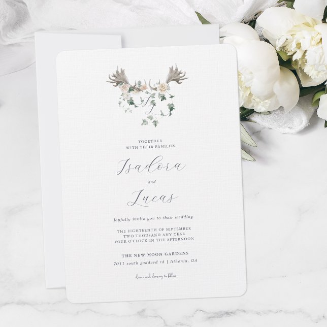 Invitación Elegante Escudo Boda Floral Moose Antler (Subido por el creador)