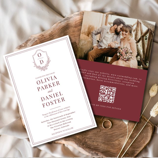 Invitación Elegante Escudo Borgoña Código QR Boda de fotograf (Subido por el creador)